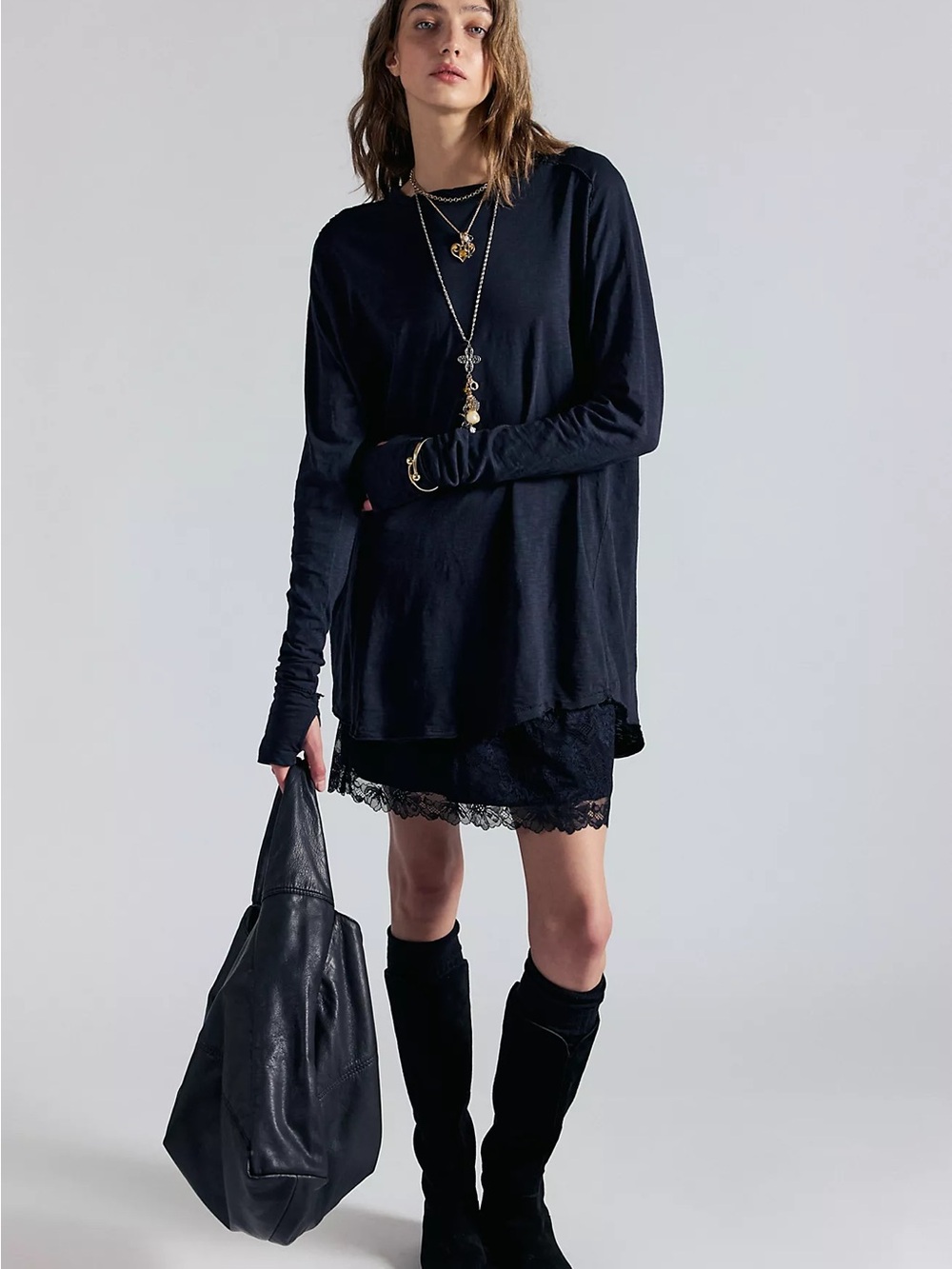 Free People We the Free Arden Tee Long-Sleeve Washed Black 100% Cotton Oversized